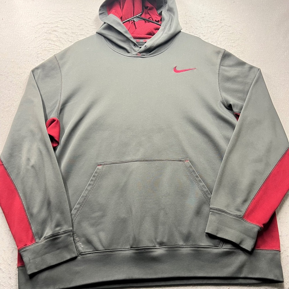 Nike Therma-FIT Hoodie Mens XL Grey Red Pullover Sweatshirt‎ 1722